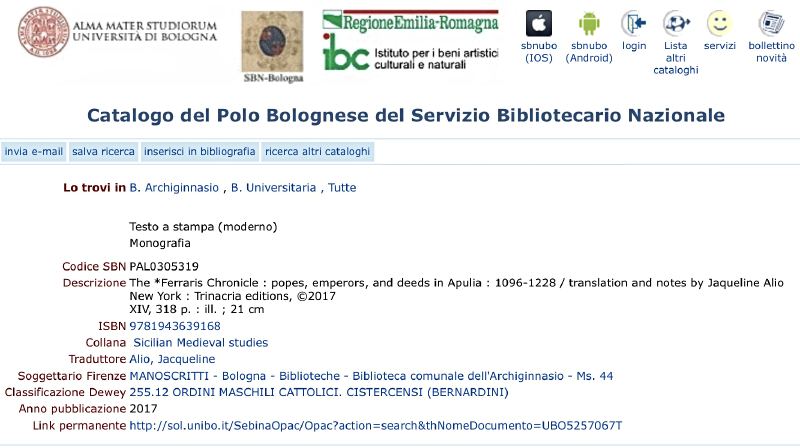 Catalogue entry at Bologna Library.
